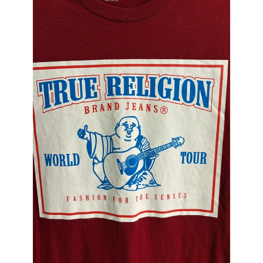 True Religion Mens‎ Buddha World Tour Graphic T-Shirt Red Large Y2K Streetwear